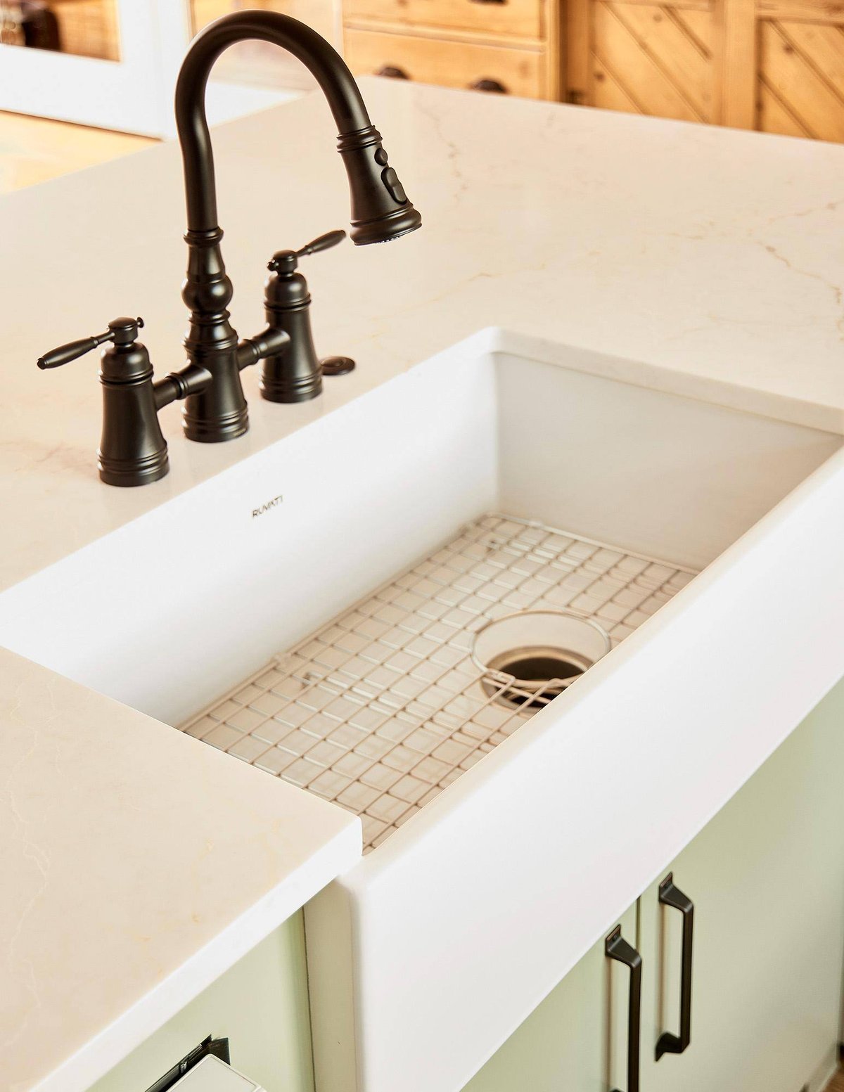 Close-up of black kitchen faucet in Sardone | McLain kitchen remodel in Dallas, TX