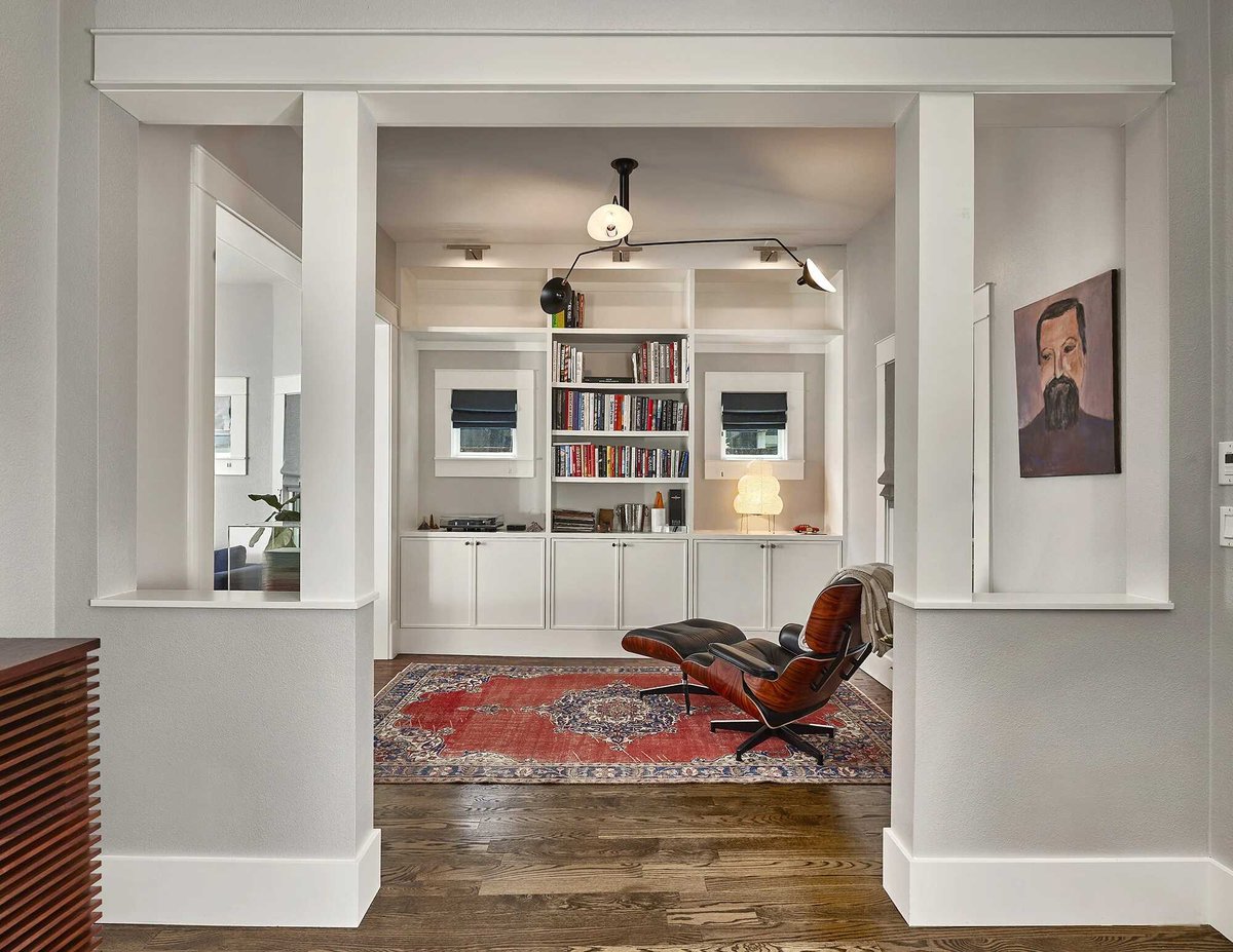 Built-in bookshelf in reading area in whole home remodel in Dallas TX