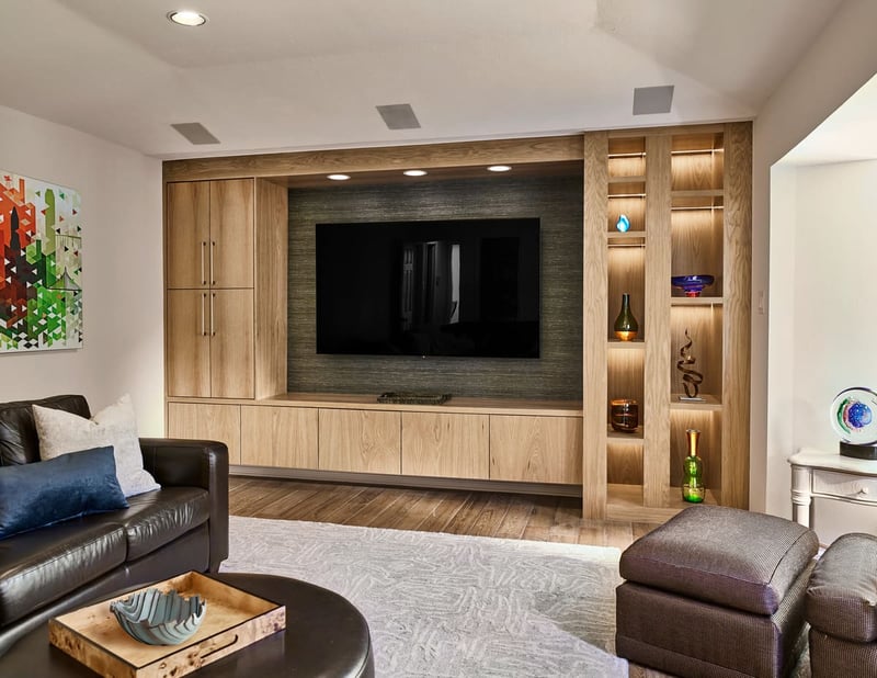 Custom entertainment center with task lighting in Dallas home remodel by Sardone | McLain