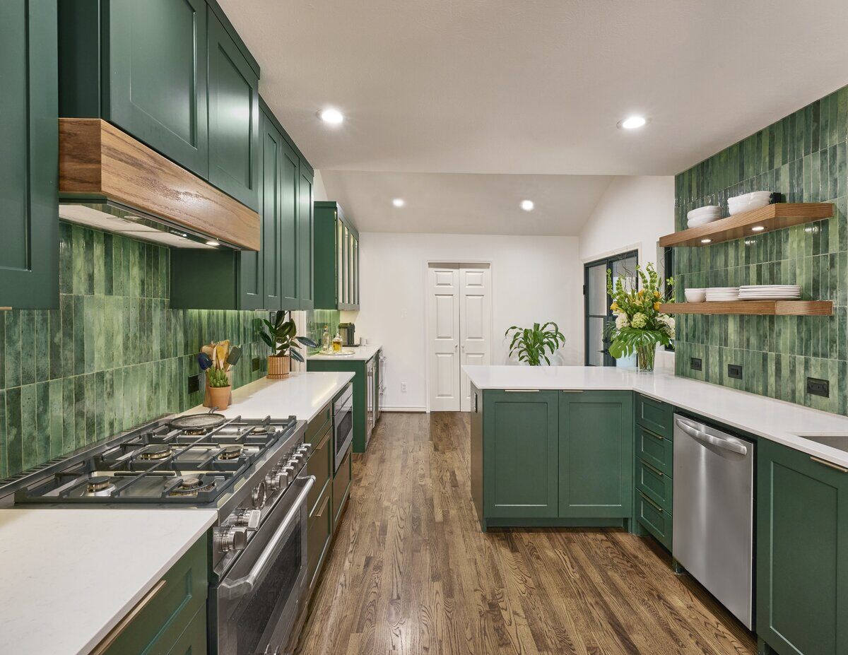 Dallas, Texas kitchen remodel by Sardone | McLain with green tile and cabinetry