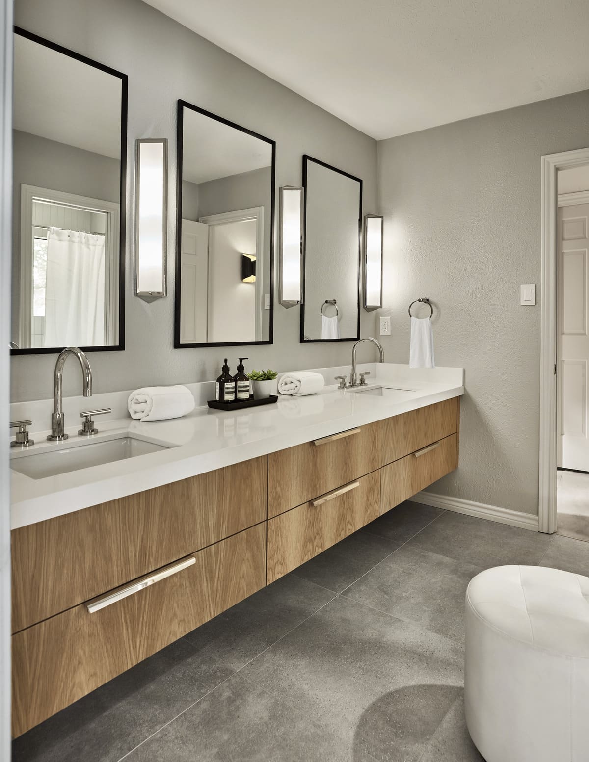 Floating double vanity in Dallas bathroom remodel by Sardone | McLain