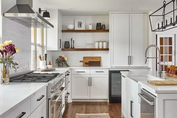 White kitchen remodel in Dallas, TX with open shelving by Sardone | McLain