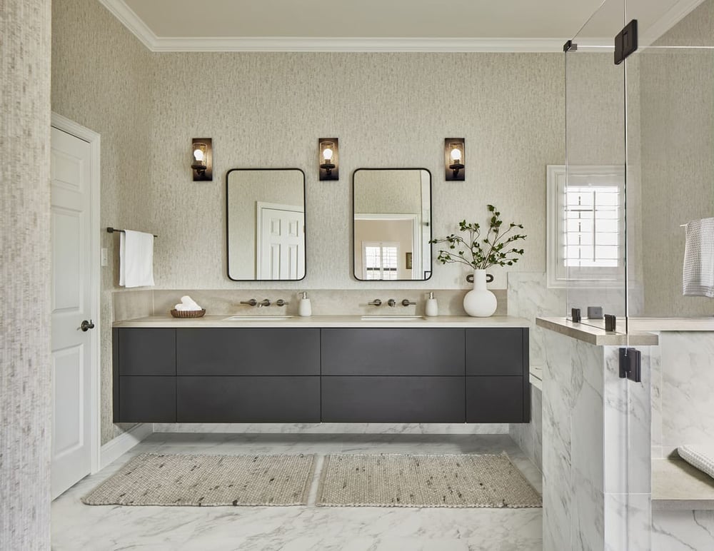 North Dallas bathroom remodel with double vanity and black faucet features by Sardone | McLain