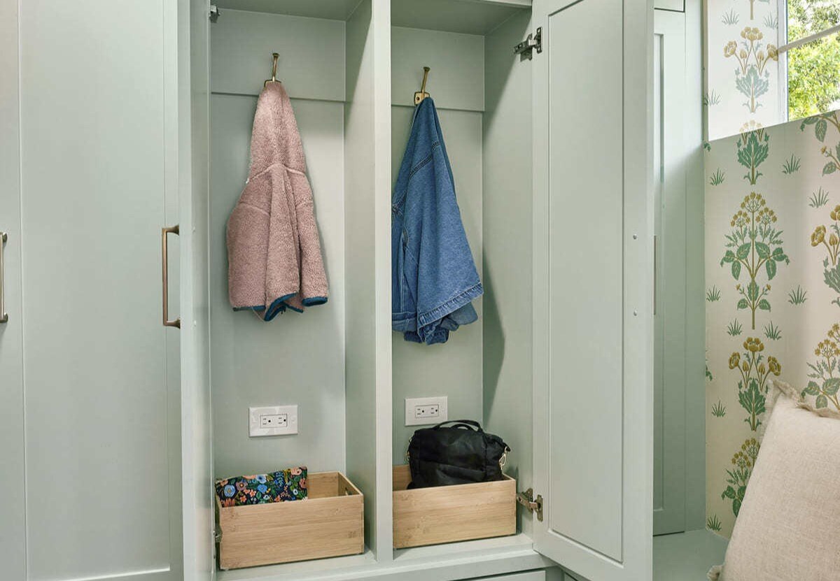 Mudroom with built-in lockers and outlets by Sardone | McLain