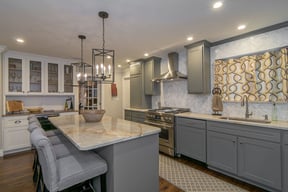 Dallas, TX kitchen remodel with herringbone backsplash and gray shaker cabinets