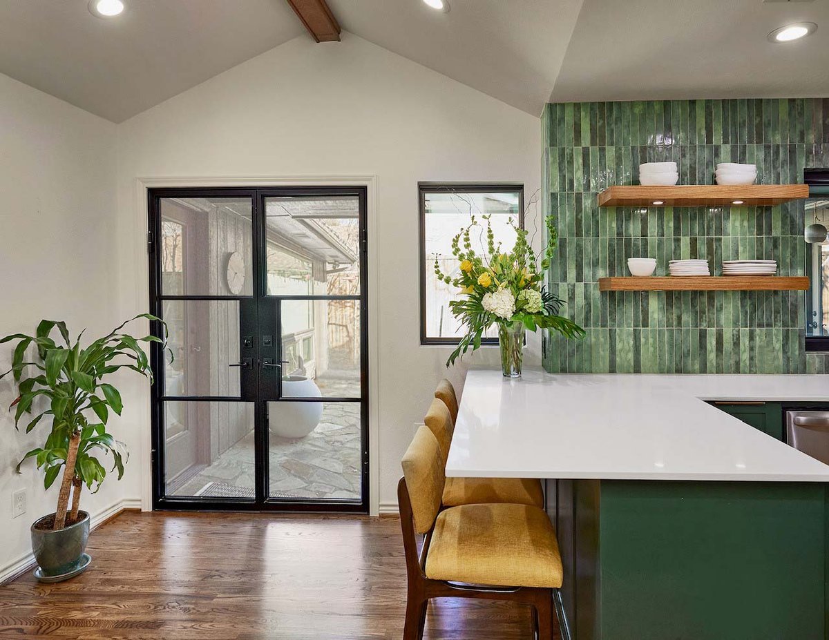 Kitchen remodel with green tile backsplash and cabinetry in Dallas, TX by Sardone | McLain