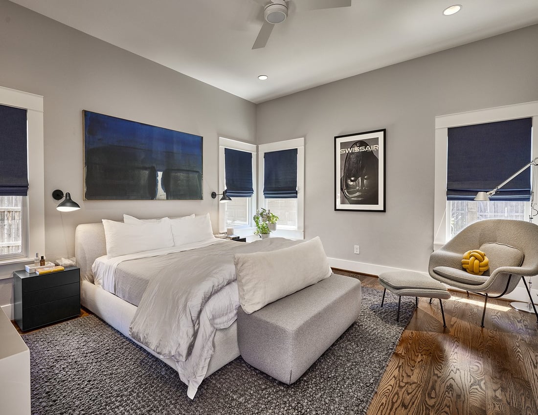 Primary bedroom renovation in Dallas, Texas by Sardone | McLain with three-blade ceiling fan above bed