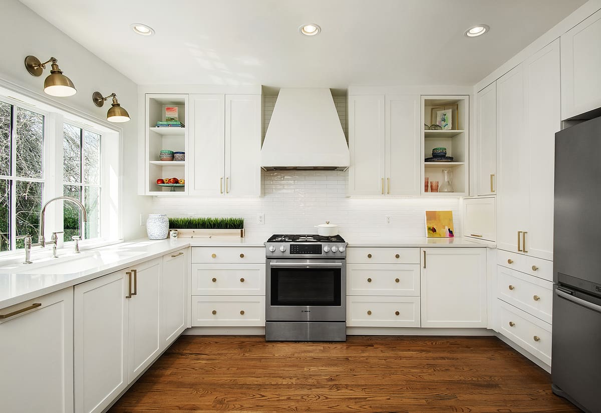 White kitchen remodel with open shelving in Dallas, Texas by Sardone | McLain 